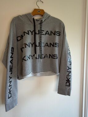 Dkny Gray Logo Cropped Hooded Sweater